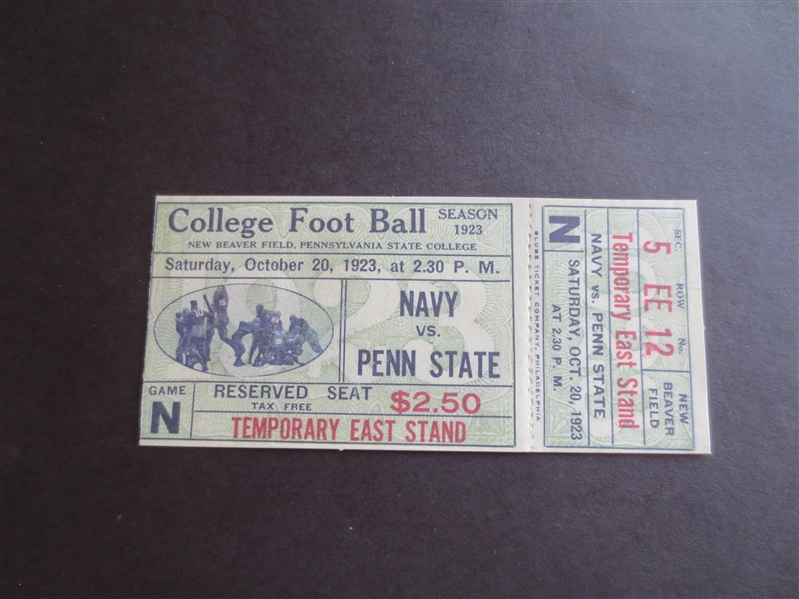 1923 Navy at Penn State Full Football Ticket in Beautiful Condition
