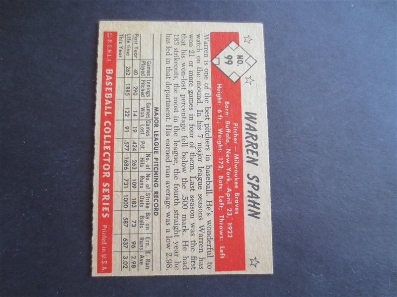 1953 Bowman Color Warren Spahn baseball card in beautiful condition #99