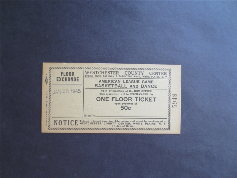 1945 Westchester American Basketball League ABL Professional Ticket  RARE!