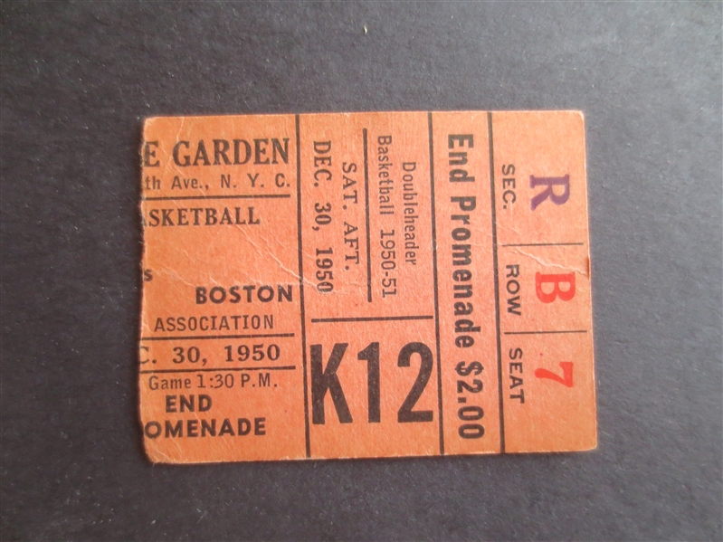 1950 Boston Celtics at New York Knicks Basketball Ticket Stub   2nd year of the NBA