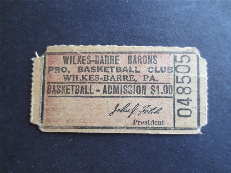 1947(?) Wilkes-Barre Barons ABL Pro Basketball Ticket PRE-NBA RARE!