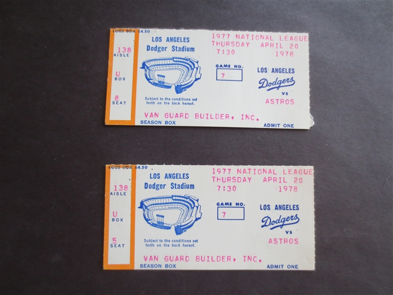 (2) 1978 Houston Astros at Los Angeles Dodgers ticket