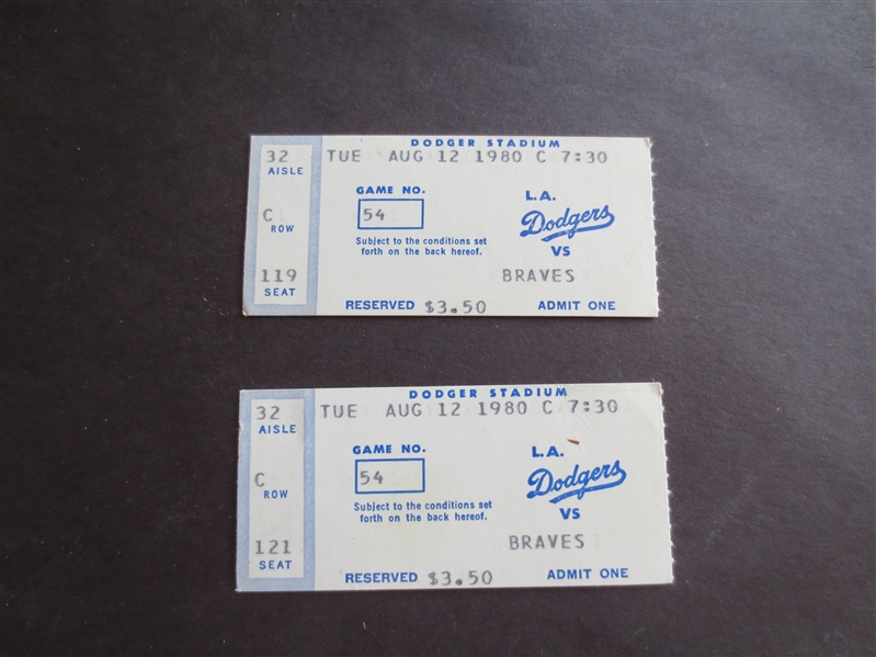 (2) 1980 Atlanta Braves at Los Angeles Dodgers tickets Dale Murphy Home Run