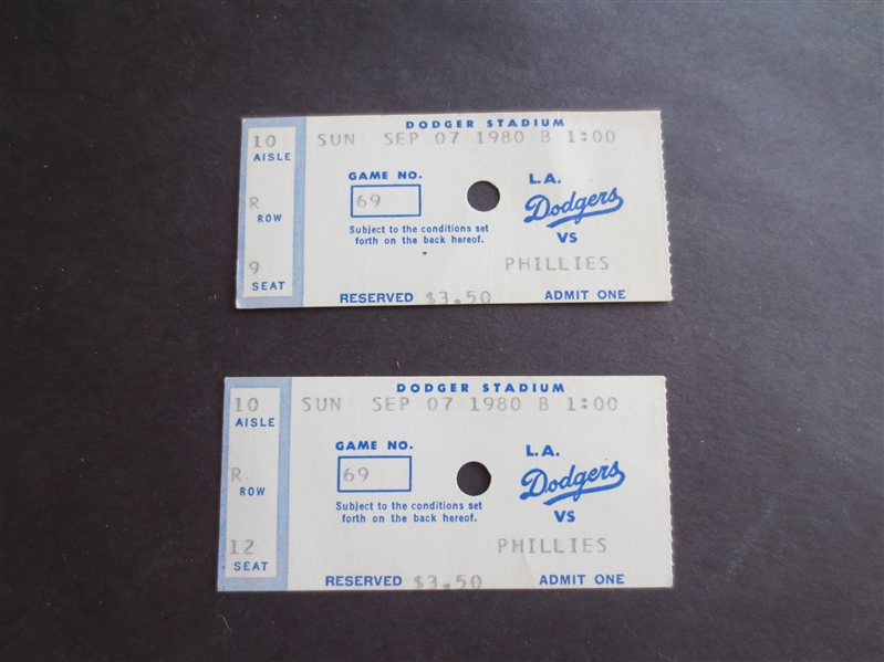 (2) 1980 Philadelphia Phillies at Los Angeles Dodgers tickets Pete Rose and Steve Garvey get hits
