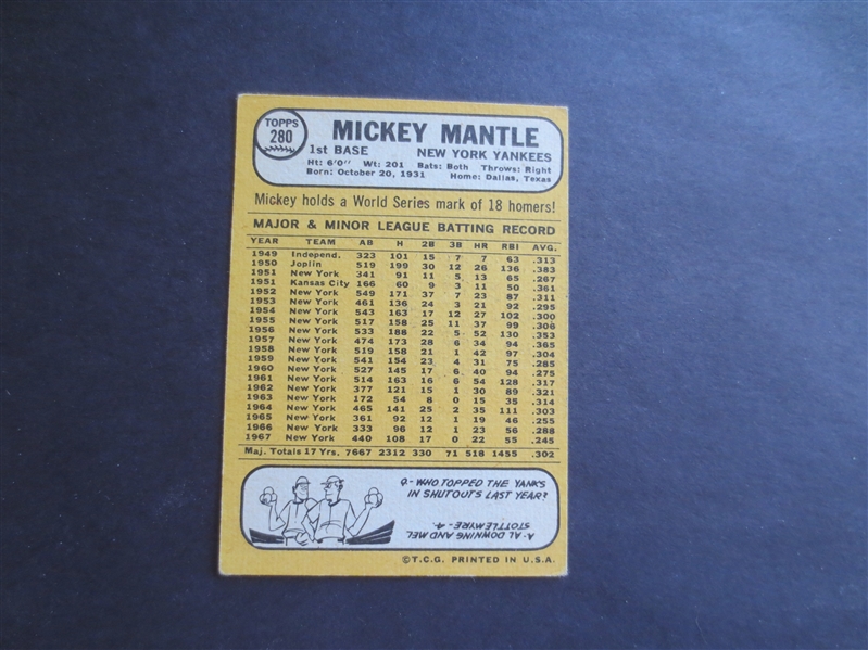 1968 Topps Mickey Mantle baseball card #280 in great condition