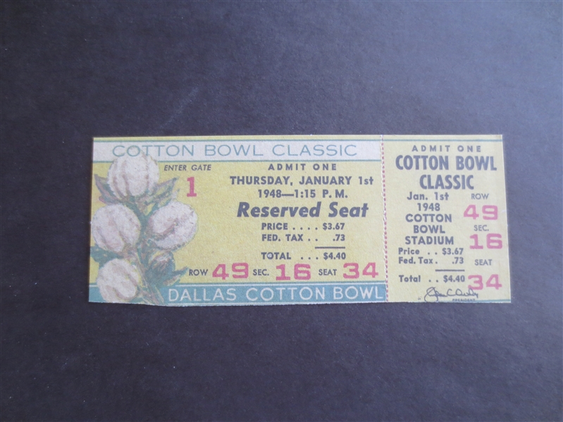 1948 Cotton Bowl Football Full Ticket  Penn State vs. SMU