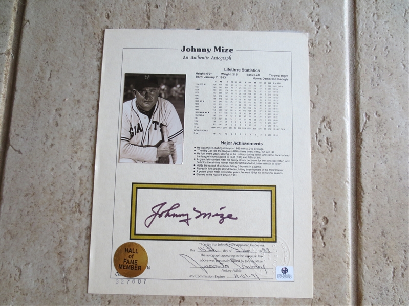 Autographed Johnny Mize Sheet with authenticity from Notary and Global Authentics