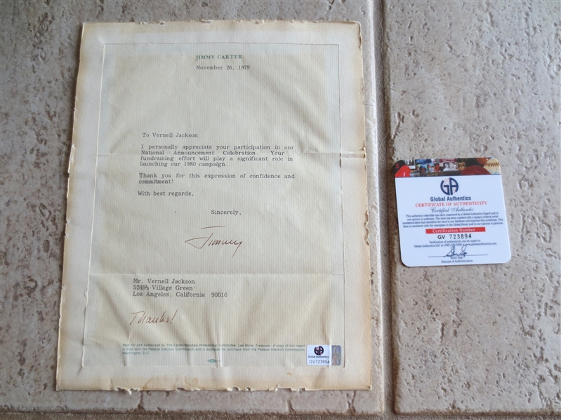 Autographed Jimmy Carter Letter from 1979 with certificate of authenticity