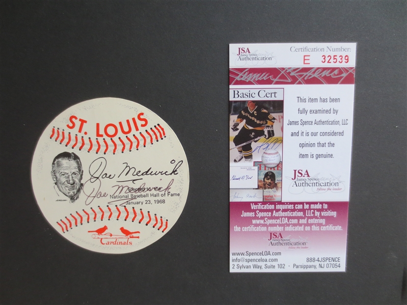 Autographed 1968 Joe Medwick Hall of Fame Card with JSA Authentication Cert.
