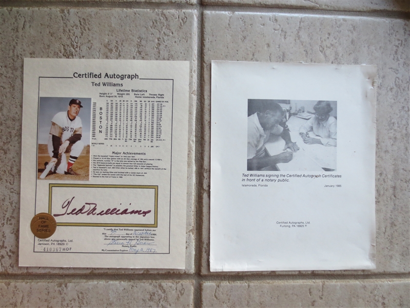Autographed Ted Williams Photo with Certification from Notary and Certified Autographs