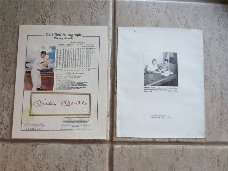 Autographed Mickey Mantle Photo with Certification from Notary and Certified Autographs