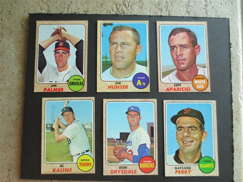 (6) different 1968 Topps Hall of Famer Baseball Cards in Beautiful Condition including Palmer, Hunter, and Kaline