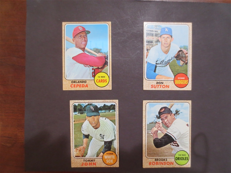 (4) different 1968 Topps Superstar Baseball Cards in very nice condition: Cepeda, John, Sutton, Robinson
