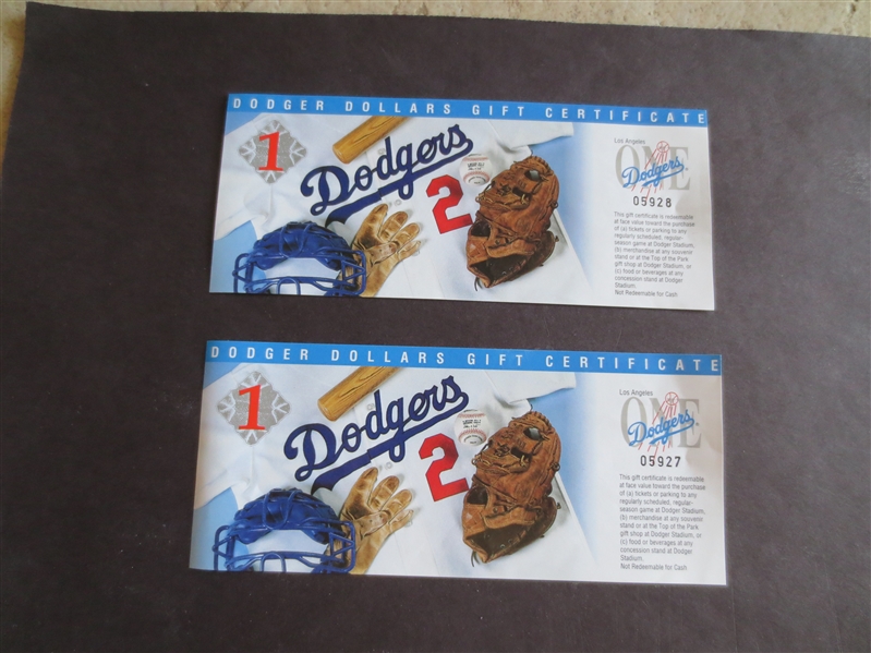 (2) 1990's Los Angeles Dodgers Gift Certificates