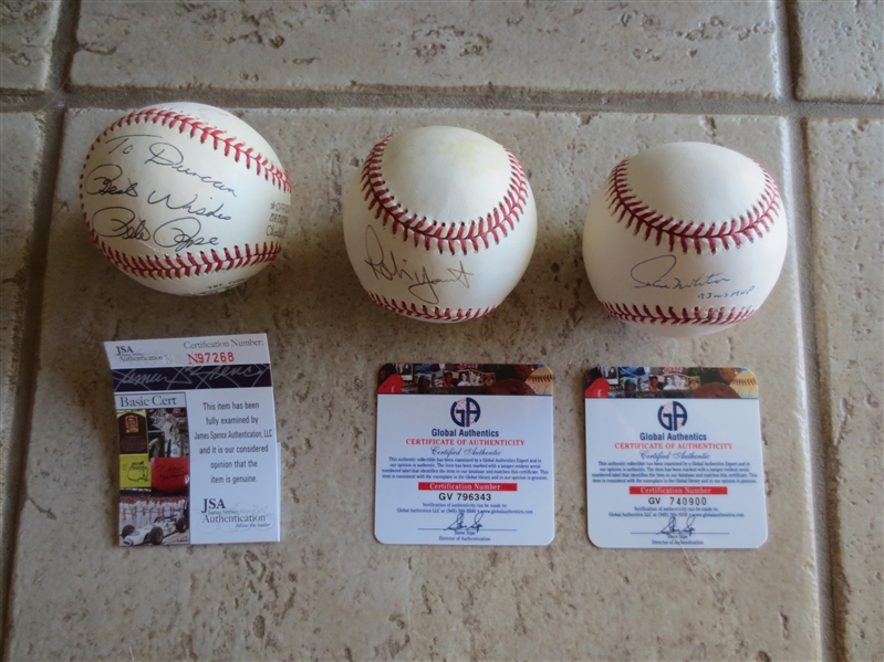 (3) Autographed Single Signed Pete Rose, Robin Yount, and Paul Molitor Baseballs with Authentication from JSA or Global Authentics