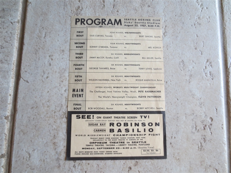 1957 Floyd Patterson vs. Pete Rademacher Boxing Program/Flyer with ad for Sugar Ray Robinson/Carmen Basilio Fight
