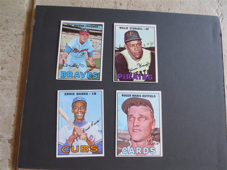 (4) different 1967 Topps Superstar Baseball Cards in Beautiful Condition: Banks, Maris, Niekro, Stargell