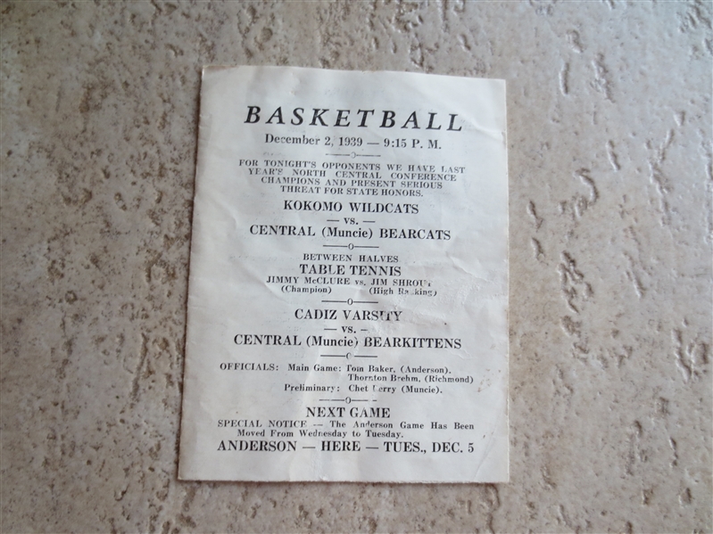 1939 Kokomo Wildcats vs. Central (Muncie) Bearcats Basketball Program