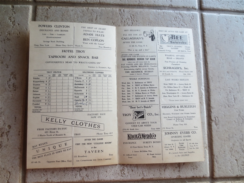 1940 Baltimore Clippers at Troy Celtics ABL Basketball Program Barney Sedran Hall of Famer