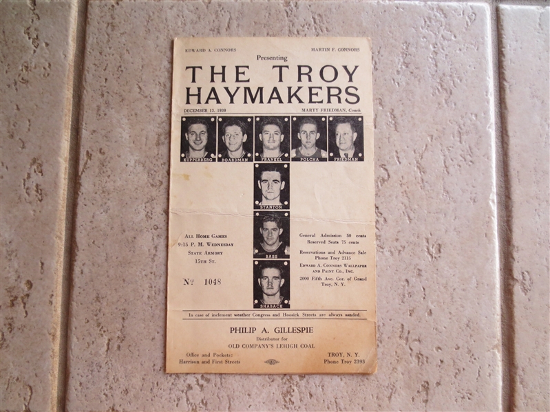 1939 Troy Haymakers ABL American Basketball League Program with Marty Friedman Hall of Famer