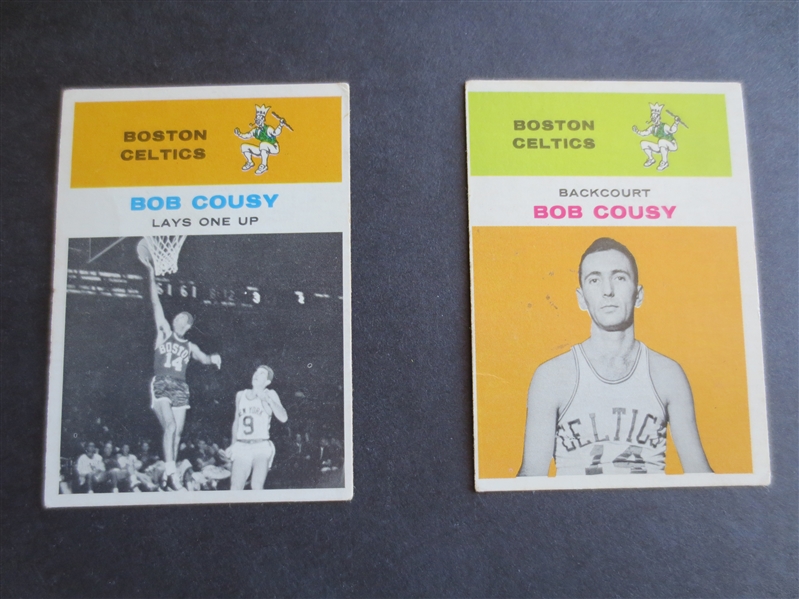 1961-62 Fleer Bob Cousy Backcourt #10 and Lays One Up #49 Basketball Cards in affordable condition