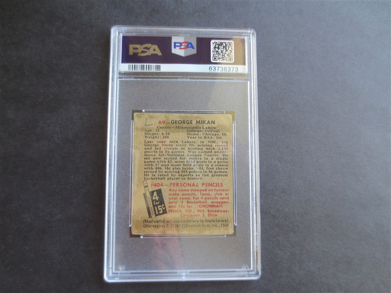 1948 Bowman George Mikan Rookie PSA 2 (MK) Basketball Card #69 in affordable condition!  Nice front, small mark on back!  WOW!