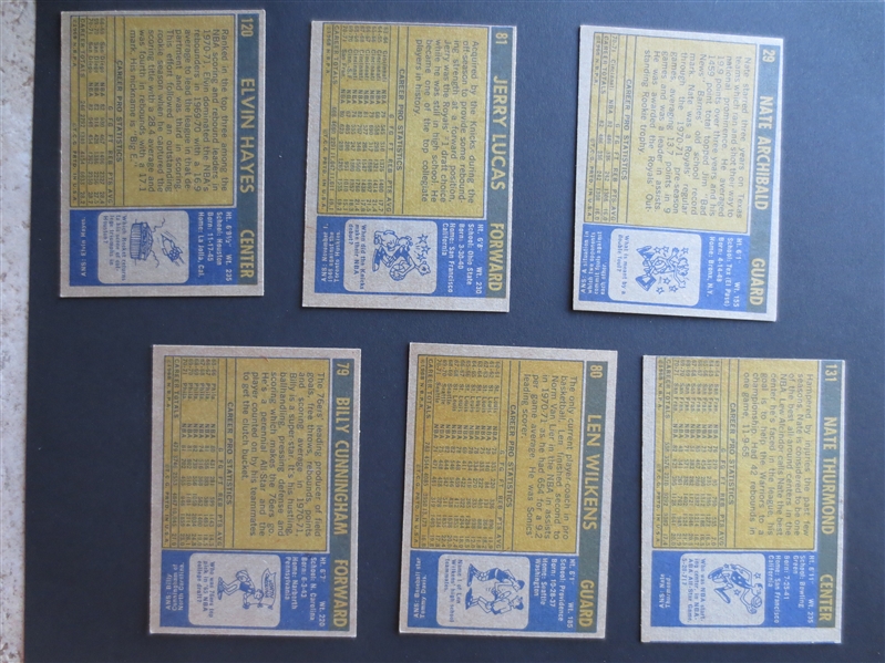 (6) different 1971-72 Topps Hall of Famer Basketball Cards: Hayes, Lucas, Archibald Rookie, , Cunningham, Wilkens, Thurmond