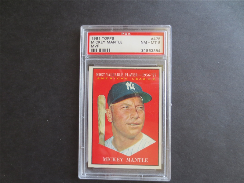 1961 Topps Mickey Mantle MVP PSA 8 nmt-mt baseball card #475 with no qualifiers!  A beauty!
