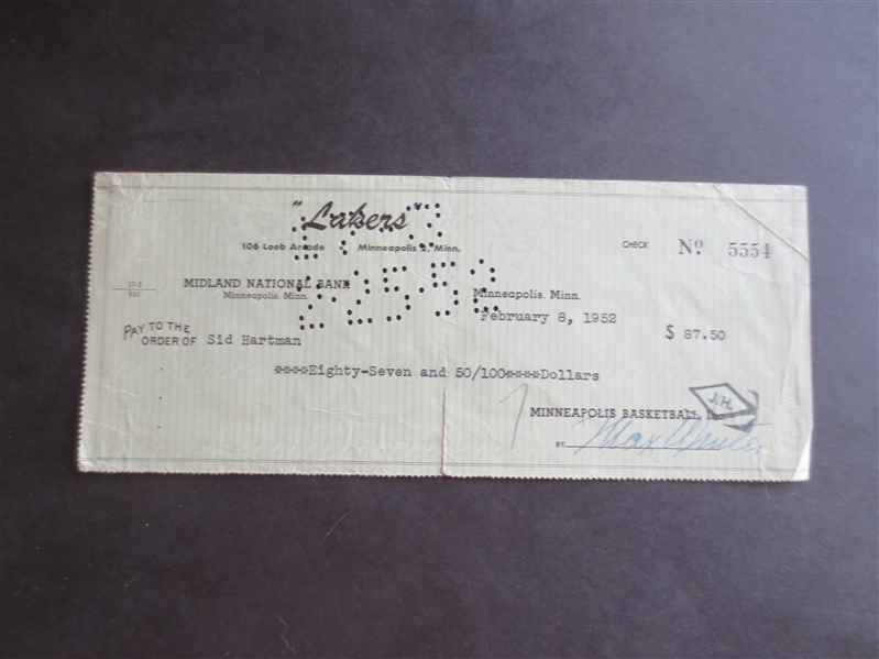 Autographed 1952 Minneapolis Lakers Payroll Check signed by player Sid Hartman and GM Max Winter