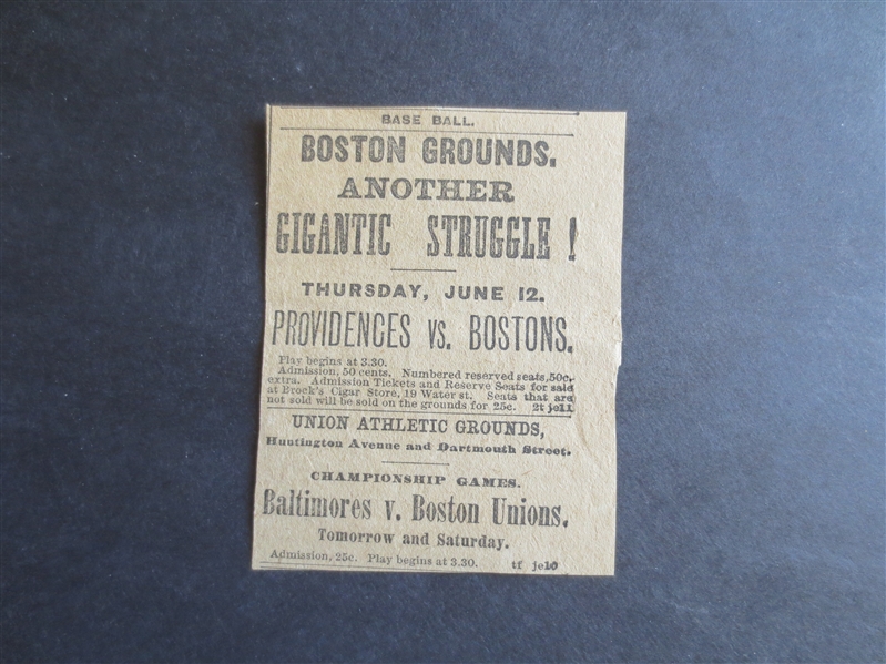 1880's Baseball News Clipping featuring Providences vs. Bostons and Championship Game Baltimores vs. Boston Unions