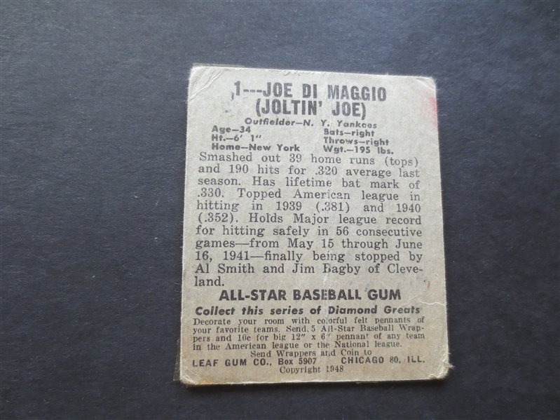 1949 Leaf Joe DiMaggio Baseball Card #1 in affordable condition!
