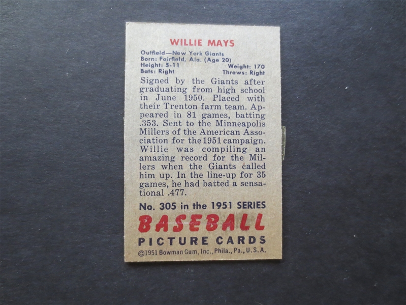 1951 Bowman Willie Mays Baseball Card #305 in affordable condition!
