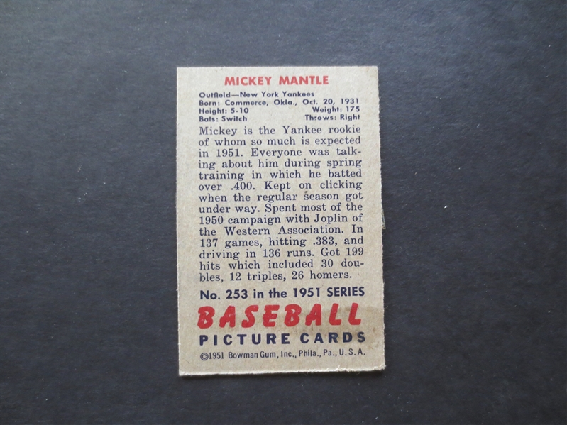 1951 Bowman Mickey Mantle Rookie Baseball Card #253 in affordable condition!