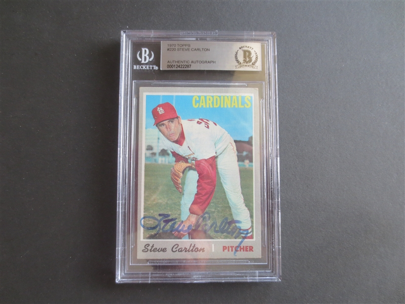 Autographed Steve Carlton 1970 Topps baseball card with autograph certified authentic by Beckett