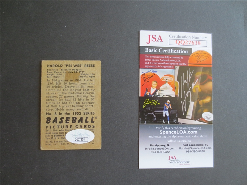 Autographed Pee Wee Reese 1952 Bowman baseball card authenticated by JSA Jimmy Spence