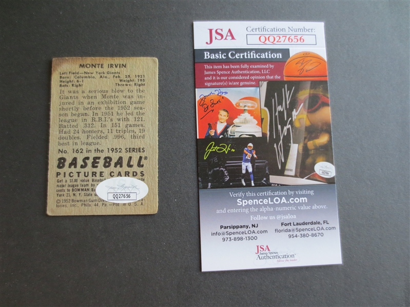 Autographed Monty Irvin 1952 Bowman baseball card with autograph authenticated by JSA Hall of Famer