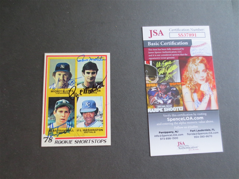 Autographed Alan Trammell/Paul Molitor/Washington/Klutts Rookie Baseball Card with all four autographs authenticated by JSA