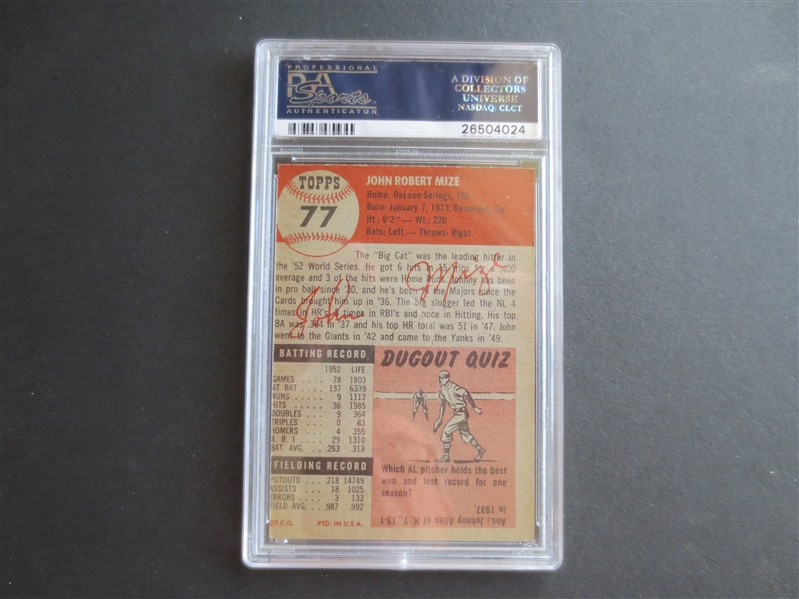 1953 Topps John Mize PSA 6 ex-mt (MC) baseball card #77  Hall of Famer