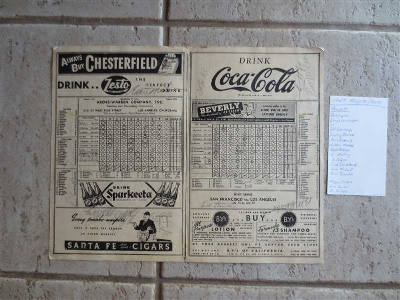 Autographed 1947 Hollywood Stars at Los Angeles Angels Scorecard with 17 signatures