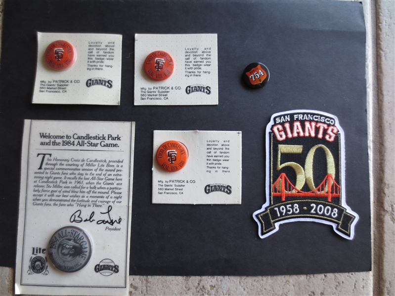 (3) Croix de Candlestick Pins + 1984 All Star Pin + Bonds 754 pin + San Francisco Giants 50 Year Patch