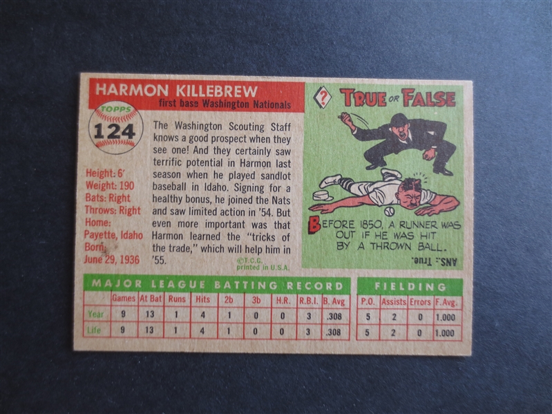 1955 Topps Harmon Killebrew Rookie Baseball Card in Beautiful condition #124