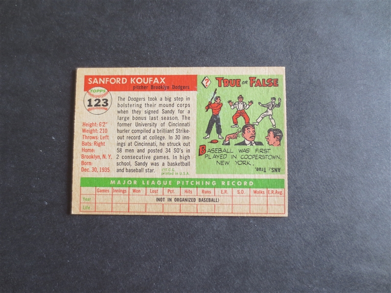 1955 Topps Sandy Koufax Rookie Baseball Card #123 --- sharp looking but faint crease on front