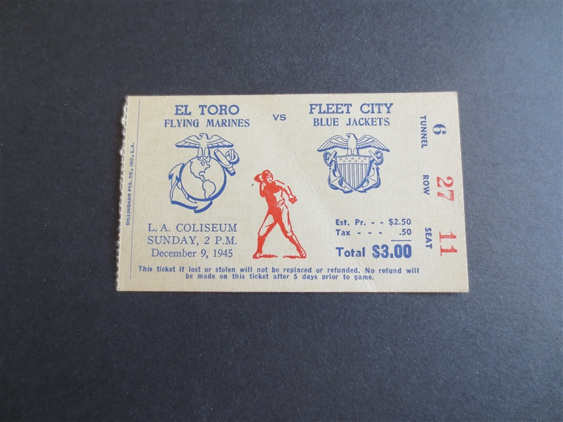 1945 WWII Service Teams Football Game Ticket  El Toro Flying Marines vs. Fleet City Blue Jackets