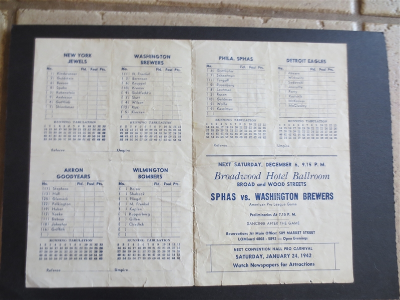 1941 Gottlieb Pro Basketball Carnival Program---Sphas, Jewels, Eagles, Bombers, Goodyears, Brewers  RARE!