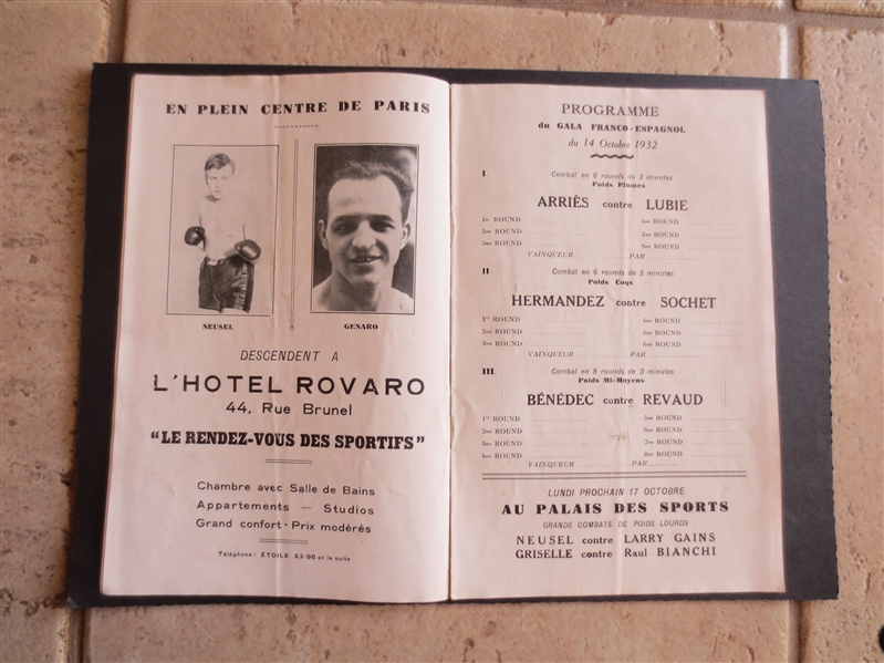 October 1932 Young Perez (World Flyweight Champion sent to Auschwitz) vs. Marcel Thil Boxing Program RARE!