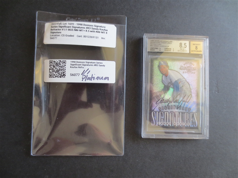 1998 Sandy Koufax Donruss Significant Signatures Platinum Refractor Beckett Autographed Baseball Card 1/1---the card is graded 8.5 nmt-mt+ and the autograph is Beckett 8