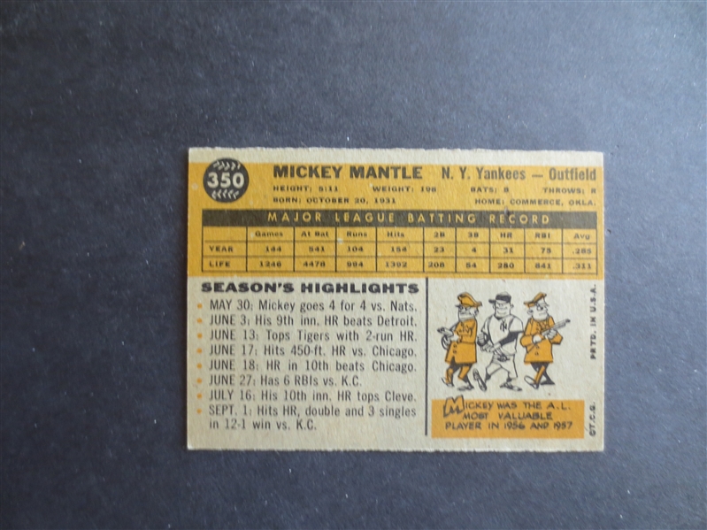 1960 Topps Mickey Mantle Baseball Card in Beautiful Condition #350