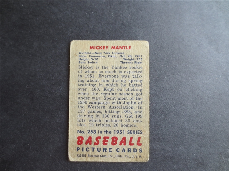 1951 Bowman Mickey Mantle Baseball Card In Affordable Condition #253