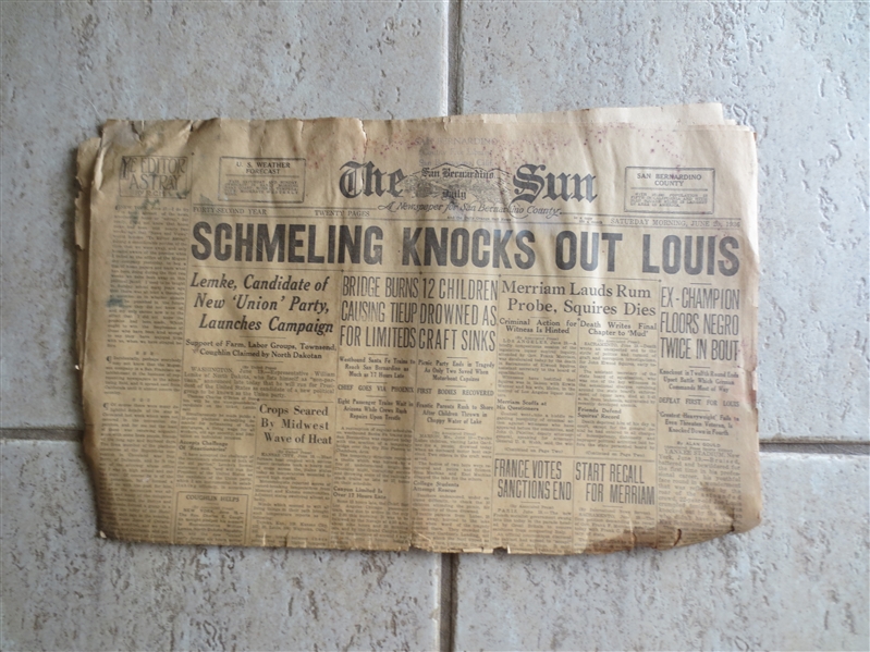 1936 Front Page Schmeling Knocks out Joe Louis Boxing Newspaper