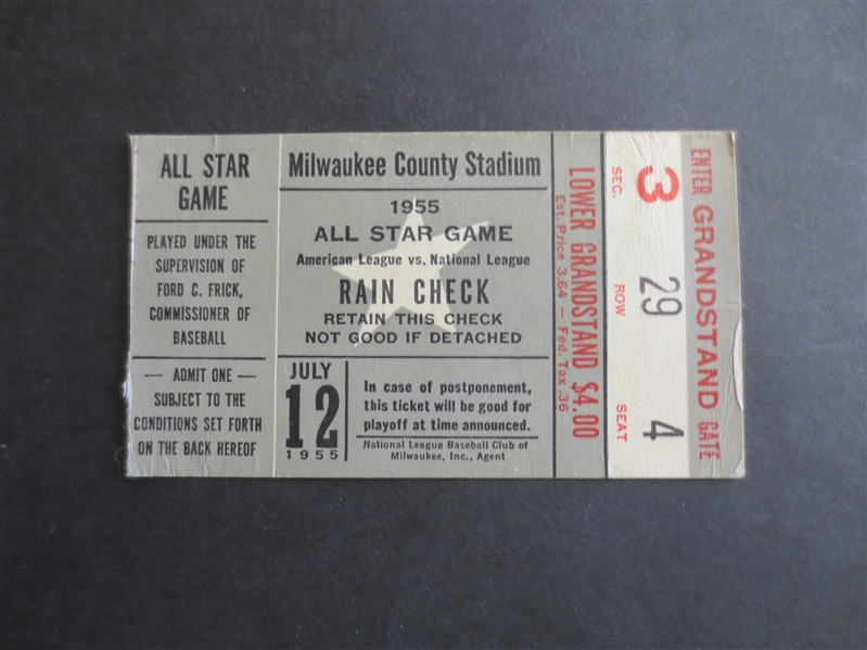 1955 All Star Game Baseball Ticket at Milwaukee County Stadium Mantle, Mays, Williams, Musial
